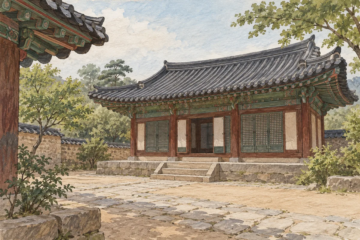 An illustrated Korean-style tiled wooden building beside a quiet stone courtyard.
