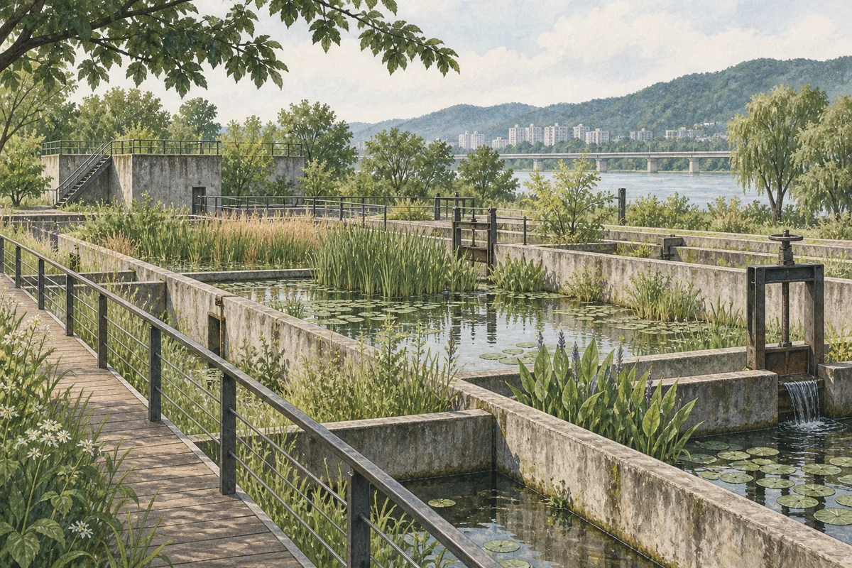 An imagined water garden with reeds and shallow pools inside reused concrete basins.
