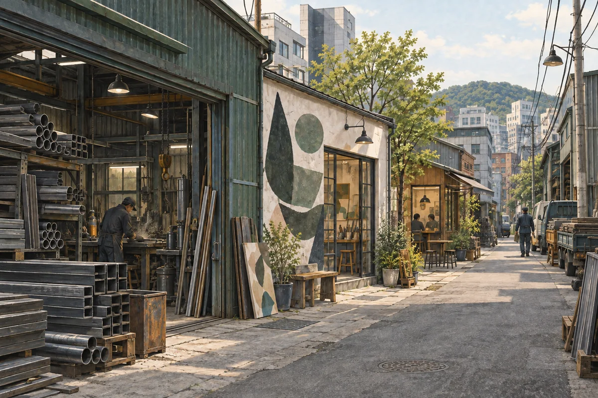 An imagined Seoul lane with a metal workshop, artist studio and a small café.