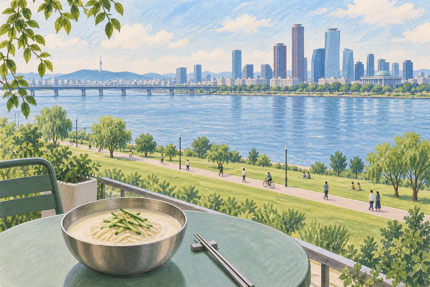 Painted Han River scene with Yeouido-inspired towers and a bowl of soybean-broth noodles in the foreground.