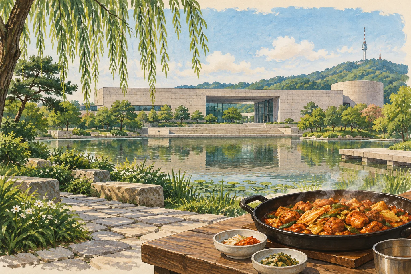Painted Yongsan-inspired museum, pond and leafy garden with a dakgalbi meal in the foreground.